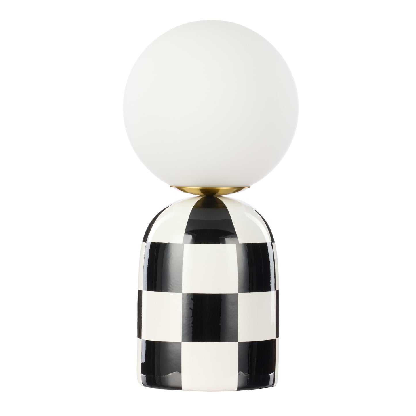 Archie black and white checkerboard table lamp with round glass shade