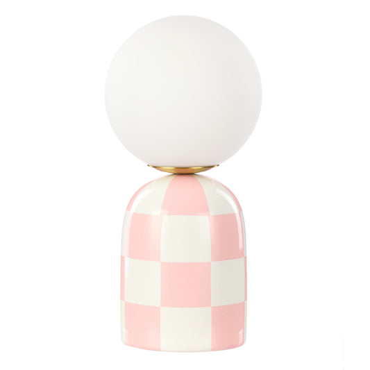 Archie pink and white checkerboard table lamp with round glass shade