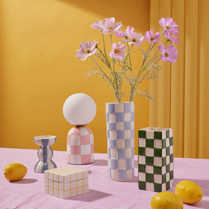 Archie pink and white table lamp styled with colourful ceramic homewares