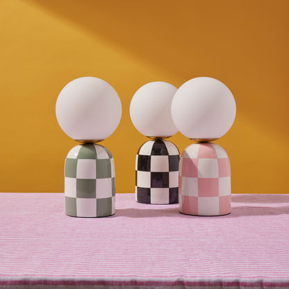 Archie table lamps in green, black and pink checkerboard finishes
