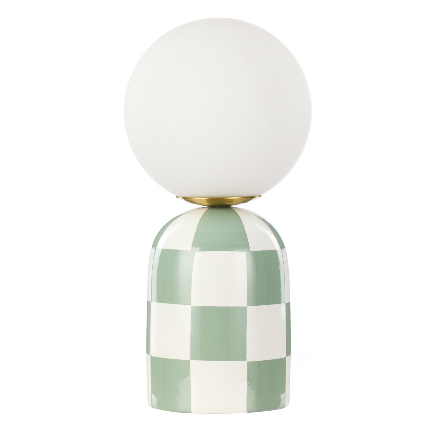 Archie green and white checkerboard table lamp with round glass shade