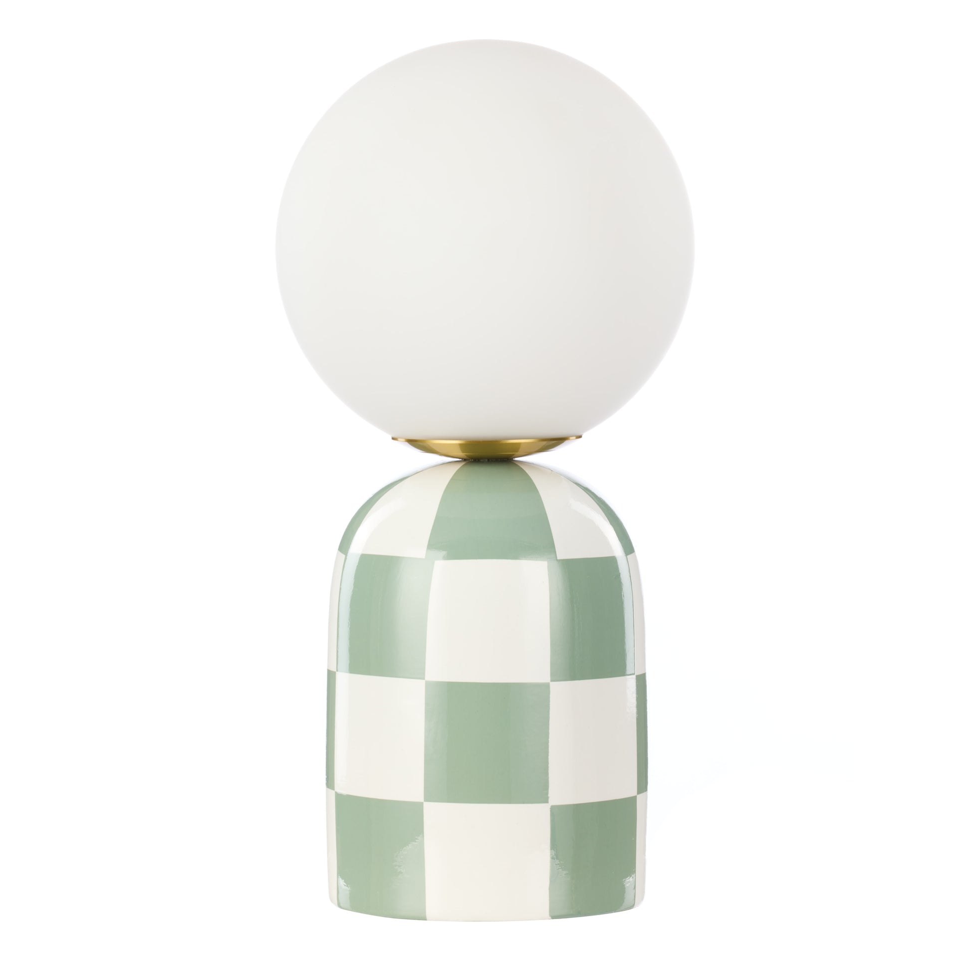 Archie green and white checkerboard table lamp with round glass shade