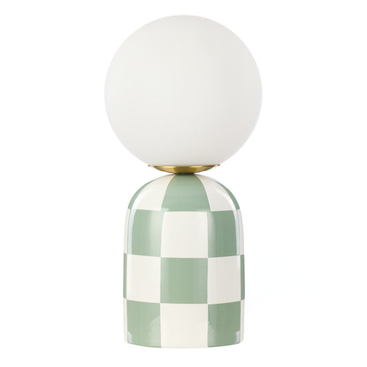 Archie green and white checkerboard table lamp with round glass shade