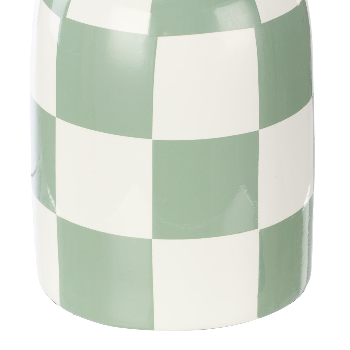 Close-up of Archie green and white checkerboard ceramic lamp base