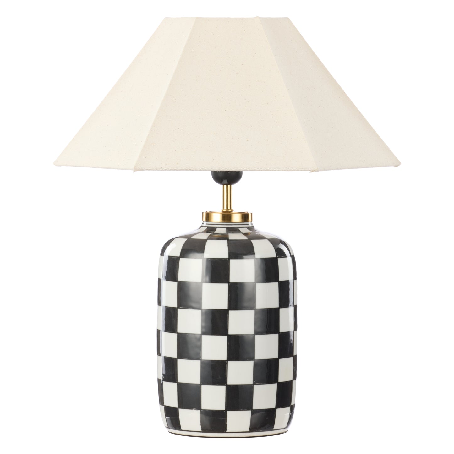 Haynes black and white checkerboard ceramic table lamp with natural linen shade