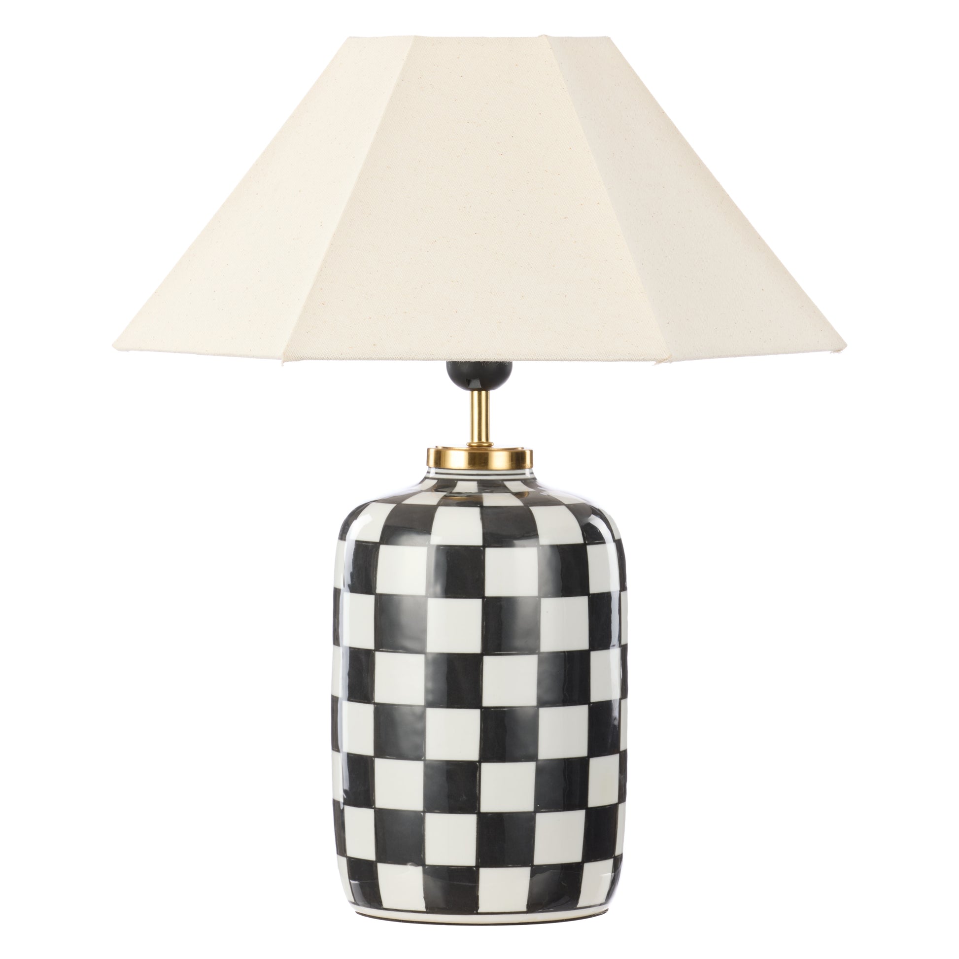 Haynes black and white checkerboard ceramic table lamp with natural linen shade