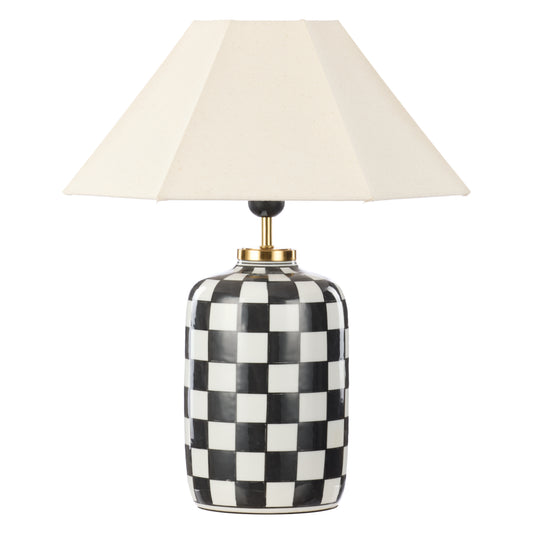 Haynes black and white checkerboard ceramic table lamp with natural linen shade