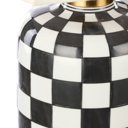 Close-up of Haynes black and white checkerboard ceramic lamp base