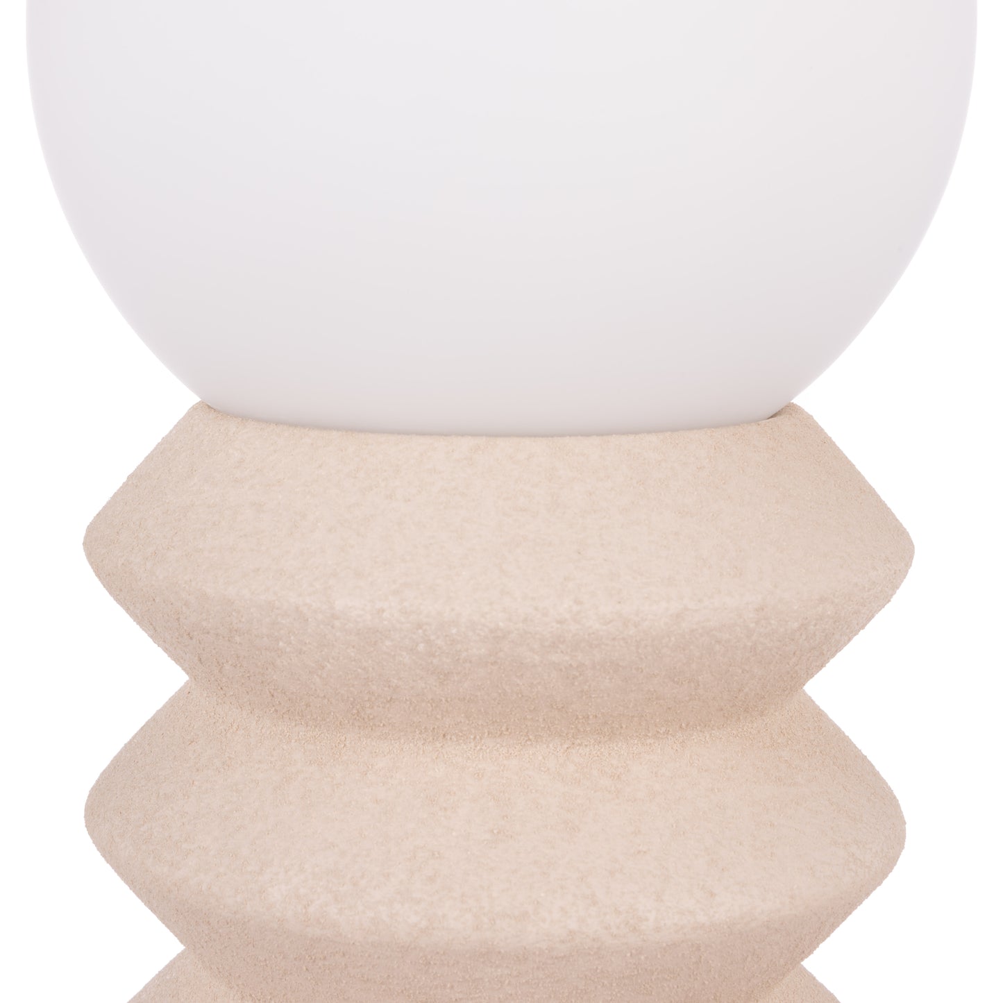 Close-up of Griffin oat ceramic base and round white glass shade
