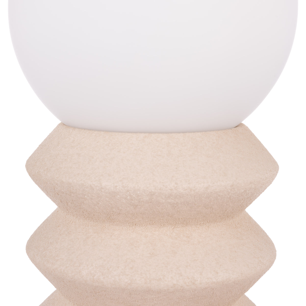 Close-up of Griffin oat ceramic base and round white glass shade