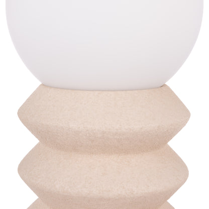 Close-up of Griffin oat ceramic base and round white glass shade