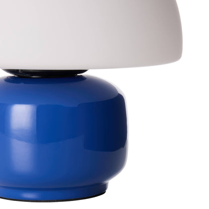 Close-up of Pixie blue glass lamp base and white glass shade